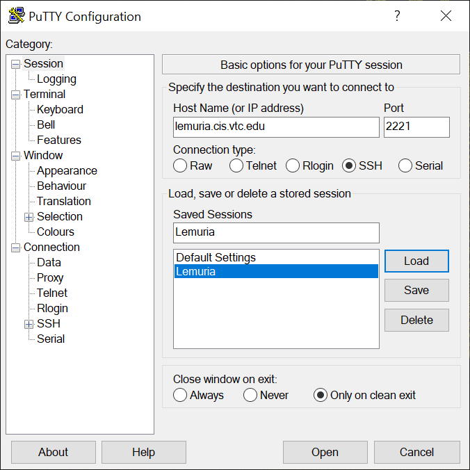 PuTTY Configuration Dialog